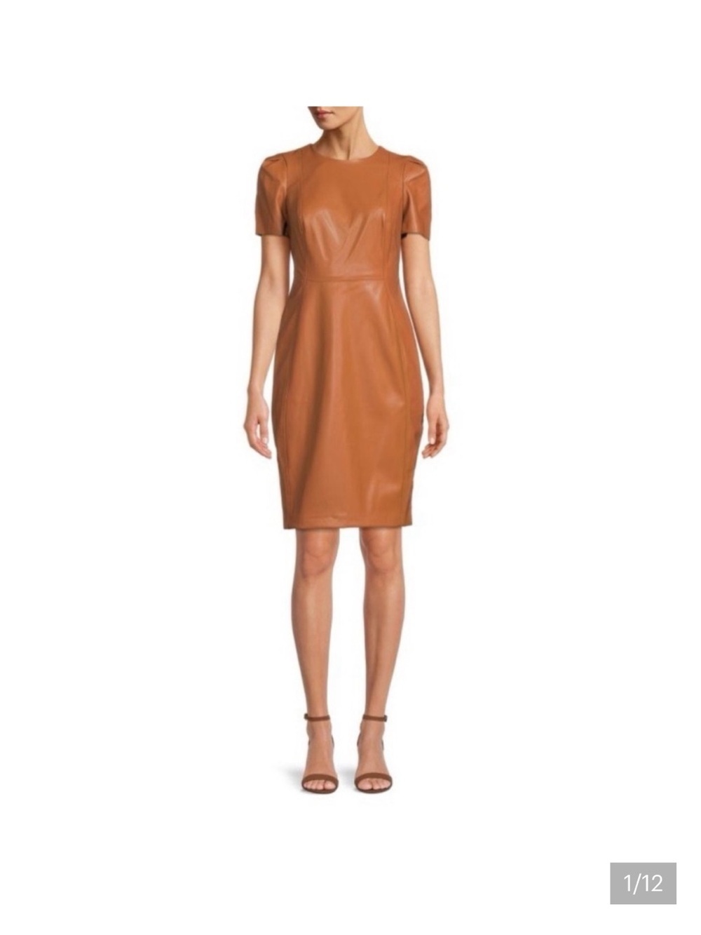 Calvin Klein Tan Faux Leather Midi Sheath Dress